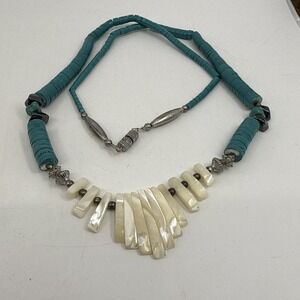 Vtg Faux‎ Turquoise Heishi Shell Native American Necklace Hematite 22" Long